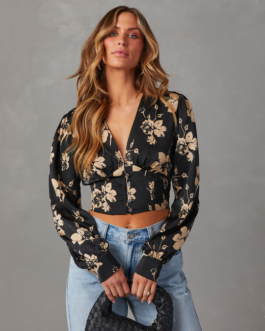 Black % Got The Look Satin Floral Long Sleeve Top-4