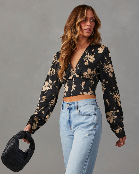 Black % Got The Look Satin Floral Long Sleeve Top-5