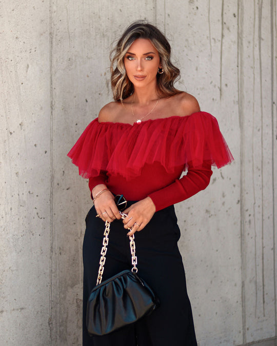 Red % Picture Perfect Glam Ribbed Knit Ruffle Tulle Top-1