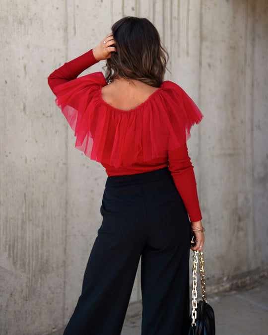 Red % Picture Perfect Glam Ribbed Knit Ruffle Tulle Top-2