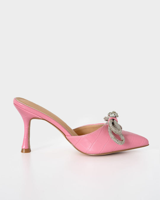 Pink % Ophelia Croc Embossed Crystal Embellished Bow Mule Heels-4