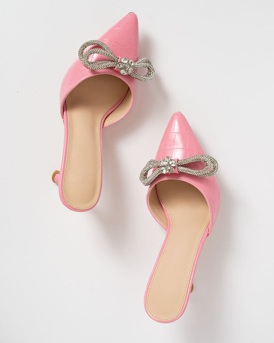 Pink % Ophelia Croc Embossed Crystal Embellished Bow Mule Heels-3