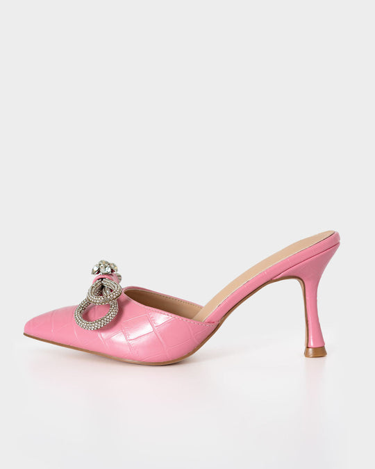 Pink % Ophelia Croc Embossed Crystal Embellished Bow Mule Heels-2