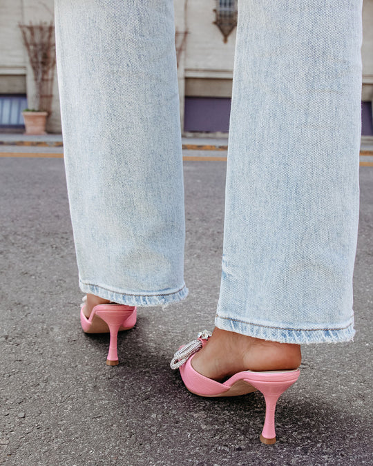 Pink % Ophelia Croc Embossed Crystal Embellished Bow Mule Heels-8