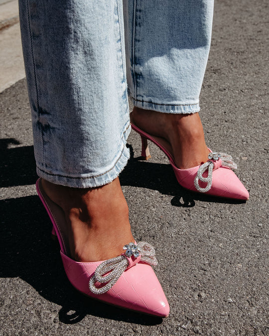 Pink % Ophelia Croc Embossed Crystal Embellished Bow Mule Heels-5