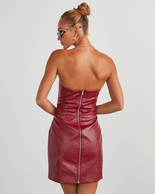 Burgundy % Evette Faux Leather Strapless Mini Dress-3