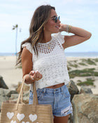 White % Bella Crochet Knit Eyelet Flutter Sleeve Top-1