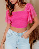 Hot Pink %  Prima Donna Smocked Tulle Flutter Sleeve Top 1