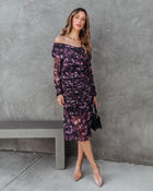 Purple % Rowena Floral Ruched Midi Dress-1-2