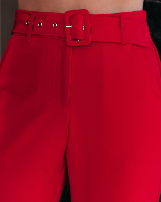 Red % Runway Pocketed Belted Flare Trousers-2