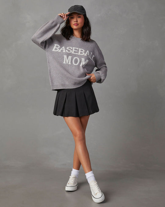 Grey % Baseball Mom Knit Pullover Sweater-1