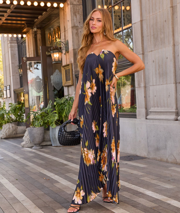 Adrenia Pleated Floral Print Satin Maxi Dress – VICI