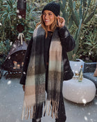 Grey/Mint % Cabin Light Plaid Print Scarf-1