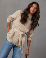 Ecru %  Wixson Belted Mock Neck Sweater-5