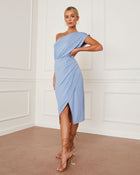 Dusty Blue %  Pacey One Shoulder Draped Midi Dress 1