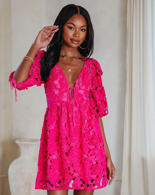 Hot Pink % Paulette Floral Crochet Lace Mini Dress-6