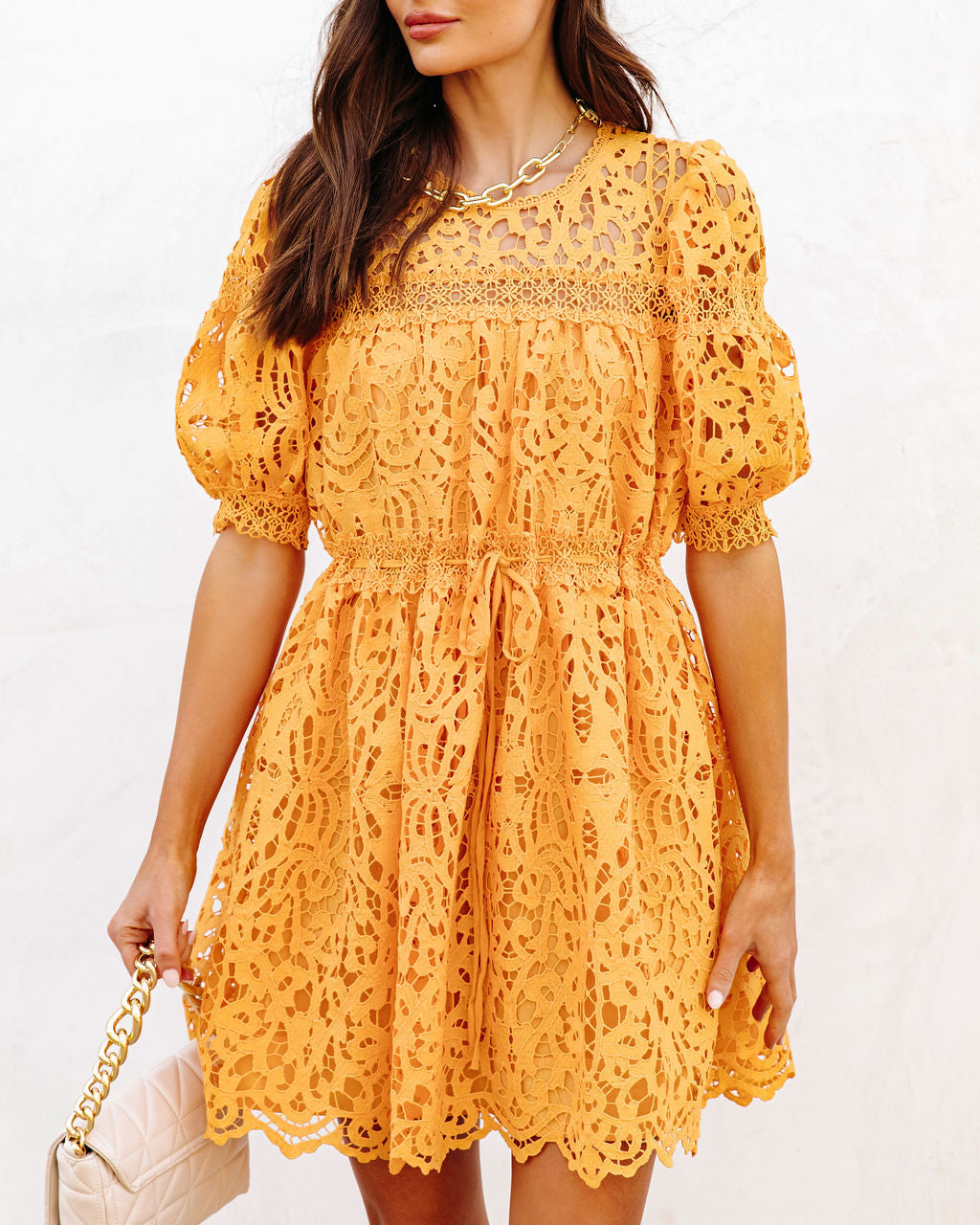 Beige Floral Crochet Eyelet Embroidery Lace V-Neck Sleeveless Halter Mini Dress