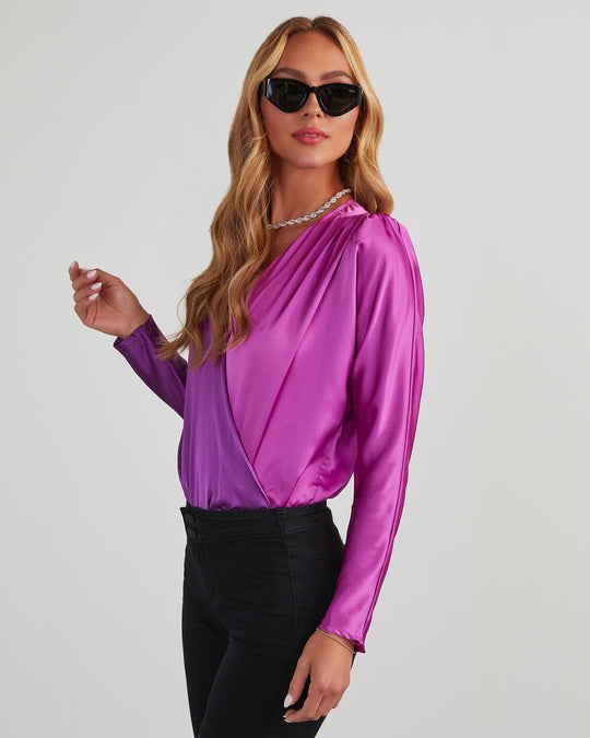 Purple/Magenta % Two Sides Satin Drape Bodysuit-1