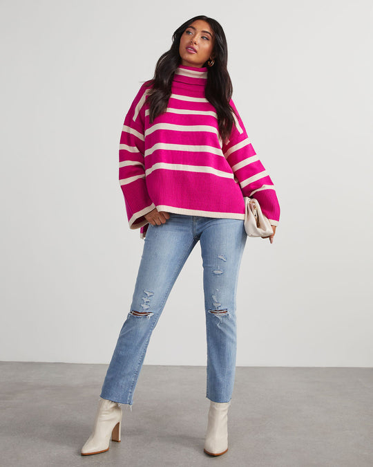 Hot Pink %  Evelyn Striped Turtleneck Sweater 1