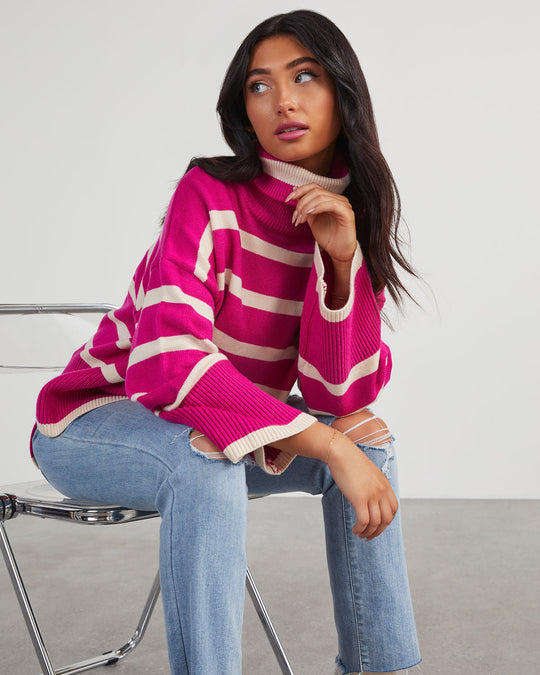 Hot Pink %  Evelyn Striped Turtleneck Sweater 2