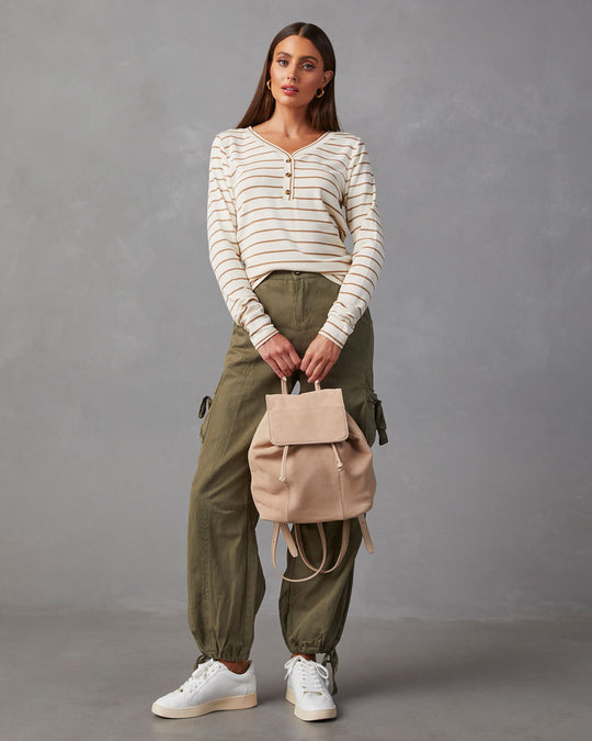 Cream/Brown % Suzanne Striped Ribbed Knit Henley Top-1