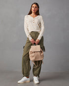 Cream/Brown % Suzanne Striped Ribbed Knit Henley Top-1