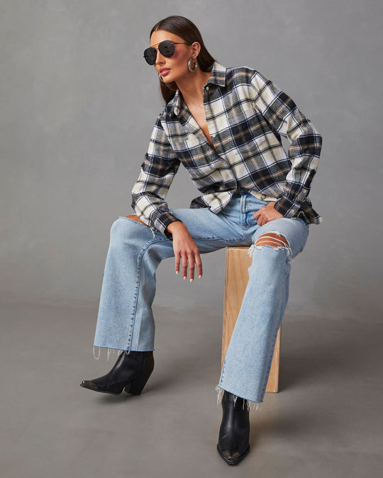 Black % Guthrie Oversized Plaid Button Down Top-2
