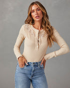 Beige % Estes Button Front Long Sleeve Bodysuit-1