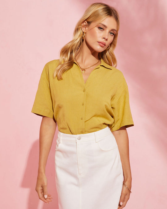 Dusty Yellow %  Tofino Short Sleeve Button Up Top 2