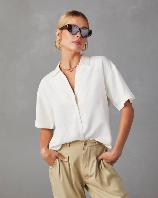 White  % Tofino Short Sleeve Button Up Top-1
