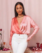 Peach Blush %  Two Sides Satin Drape Bodysuit 1
