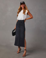 Black % Chic Side Slit Denim Midi Skirt-3