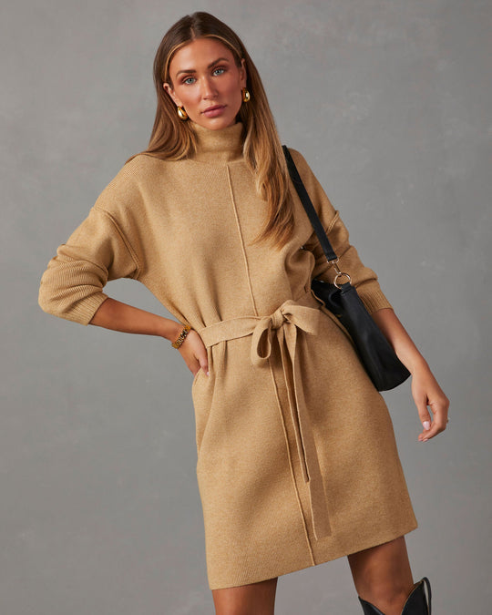 Beige % Marsella Tie Waist Mini Sweater Dress-1