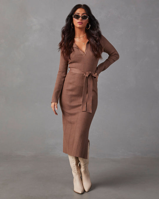 Brown % Asmara Tie Waist Midi Sweater Dress-6