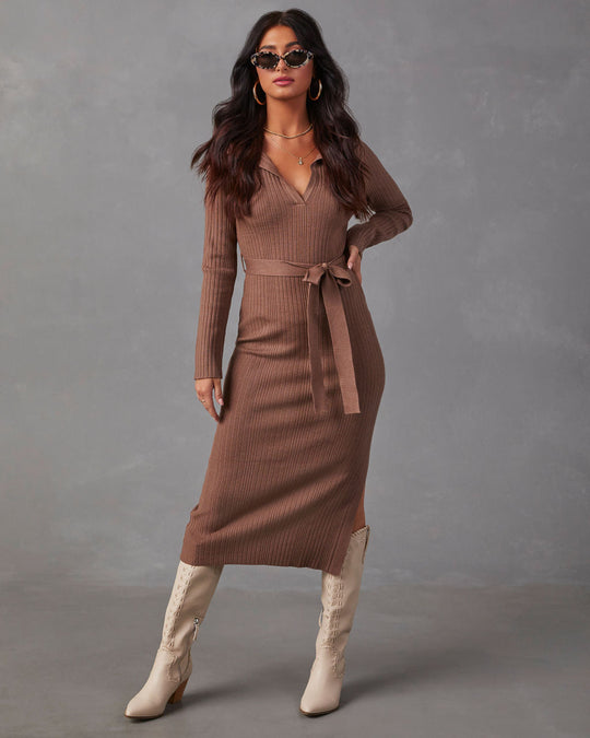 Brown % Asmara Tie Waist Midi Sweater Dress-3