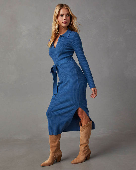 Blue %  Asmara Tie Waist Midi Sweater Dress 6