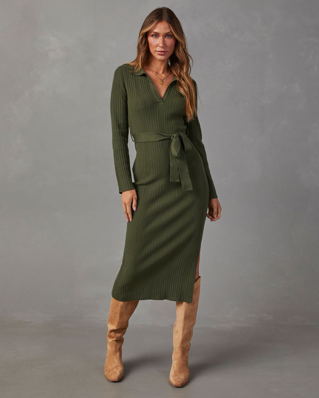 Vici Women s Asmara Tie Waist Midi Sweater Dress in Green Size XL