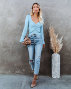 Baby Blue % Aimee Ruched Crop Knit Sweater Top-1