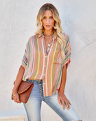 Yellow Multi % Camille Striped Woven Button Down Top 1