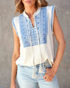 Blue/White % Claudine Embroidered Tassel Tie Top-1