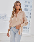 Sand % Duarte Linen Blend Button Down Top-2