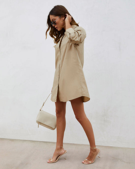Taupe  % Far From Basic Cotton Button Down Shirt Dress-4