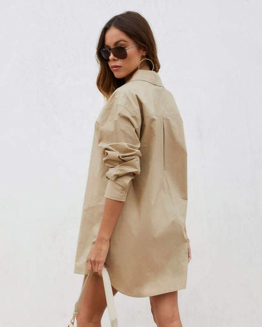 Taupe  % Far From Basic Cotton Button Down Shirt Dress-2
