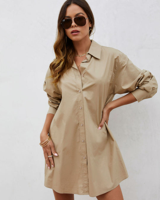 Taupe  % Far From Basic Cotton Button Down Shirt Dress-1