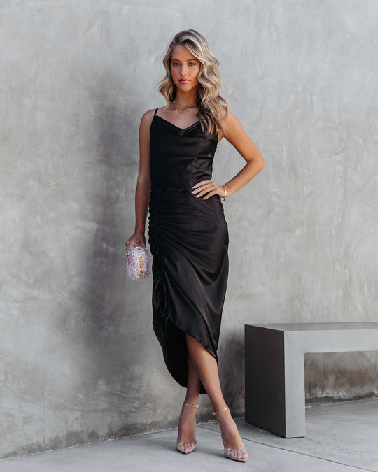 Black % Juliana Satin Cowl Neck Ruched Asymmetrical Maxi Dress-1