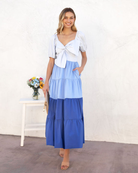 Blue % Mariel Tiered Pocketed Puff Sleeve Maxi Dress-2