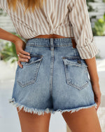 Dark Wash %  Miriam High Waisted Frayed Hem Jean Shorts-2