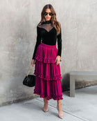 Wine % Nasreen Plisse Chiffon Tiered Maxi Skirt-3