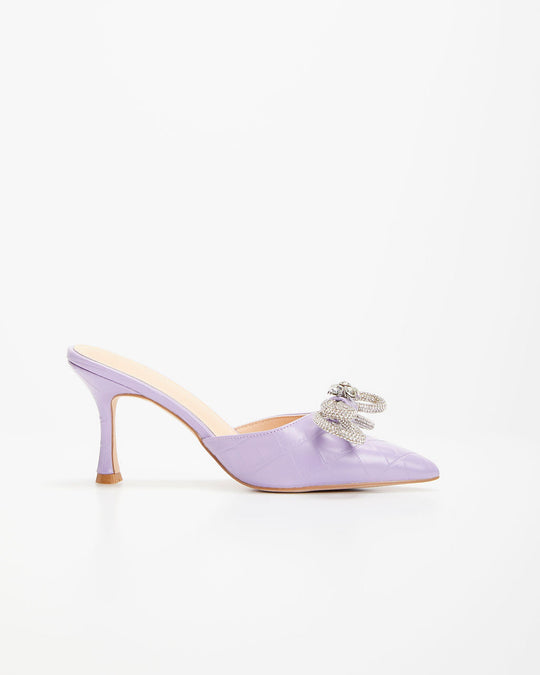 Lavender % Ophelia Croc Embossed Crystal Embellished Bow Mule Heels-2