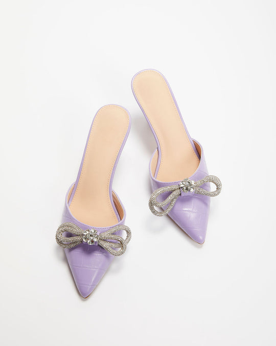 Lavender % Ophelia Croc Embossed Crystal Embellished Bow Mule Heels-3
